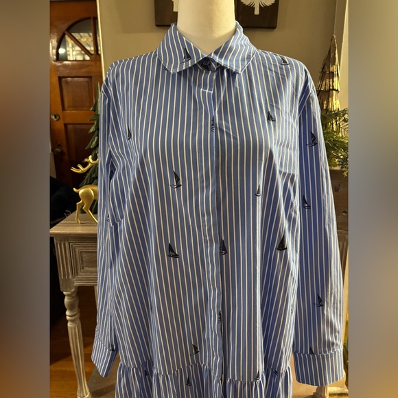 Chico’s Poplin Tiered Stripe Shirt Dress Sailboats Size 3 (US 16) Embroidered - Picture 4 of 12